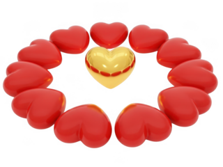 Golden heart surrounded by red hearts isolated on transparent background