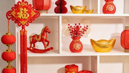 Lunar New Year Decorations for the Year of the Horse, Red and Gold Symbols of Luck and New Beginnings