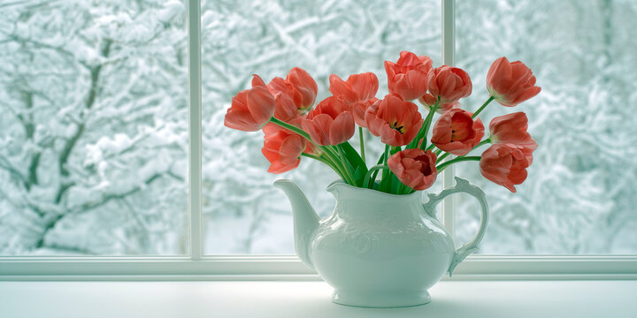 Red tulips in a white ceramic teapot vase on a windowsill with a snowy winter landscape outside the window