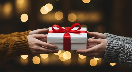 Anonymous hands exchanging a beautifully wrapped white gift box tied with a bright red satin ribbon in a festive atmosphere