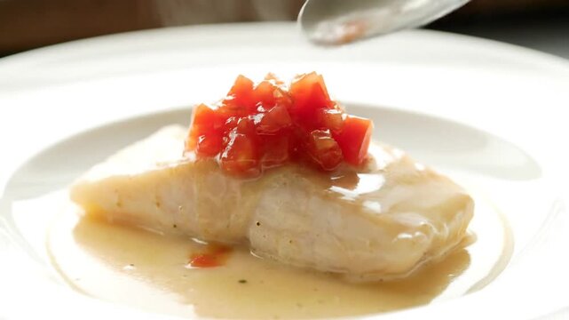 Preparing Pan Fried Cod Fish Fillet Topped with Tomato Salsa on a White Plate for Gourmet Cooking and Healthy Eating at