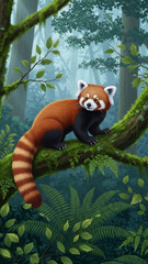 Fototapeta premium Red panda on a mossy branch in a foggy forest. Forest animal cute pet. Wildlife habitat and nature conservation concept.