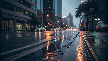Fototapeta premium A rainy city street at dusk with cars and tall buildings