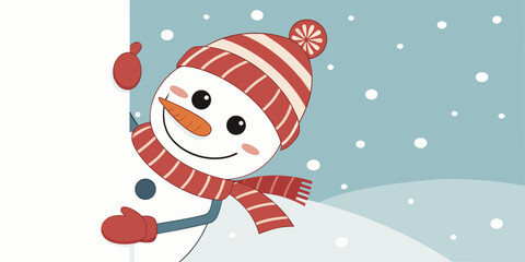 Cute cartoon snowman peeking out from behind a blank white banner © Whab