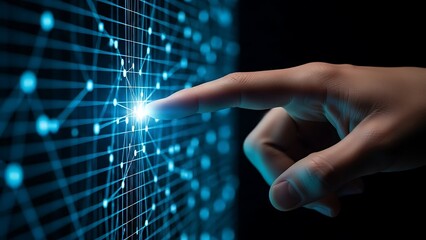 Hand touching a futuristic blue grid with connections