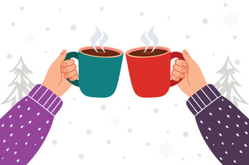 Winter Cozy Hot Coffee Cups with Hands in Sweaters Flat Vector Illustration