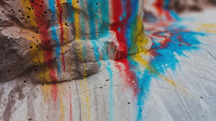 Fototapeta premium Colorful paint drips on rough concrete surface with cracks