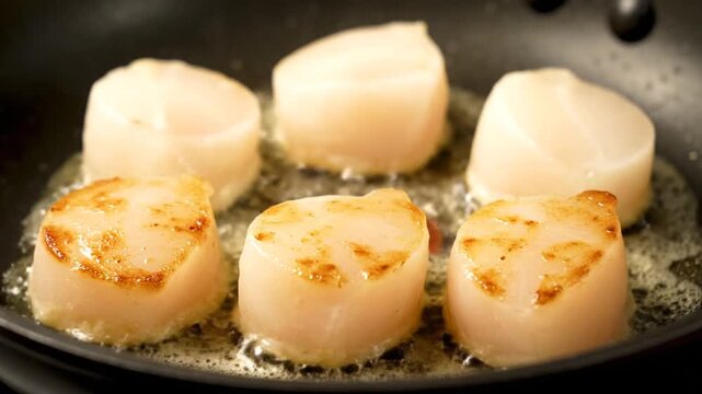 Scallops Sizzling in Butter on Black Pan Cooking Seafood Close Up Golden Brown Delicious Dinner Meal Restaurant Cooking