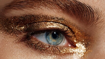 Luxurious eye makeup with gold and glitter eyeshadow on a blue eyed woman close up with luxury makeup and blue eyes and glamour and beauty and cosmetics