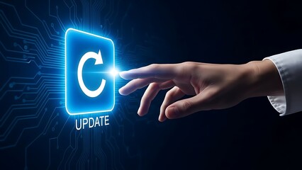 Hand interacting with a glowing blue update button