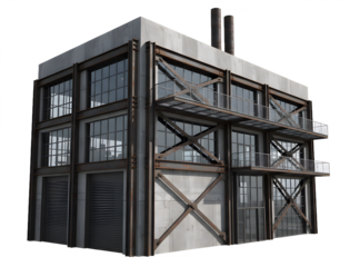 Old industrial factory building with concrete walls rusted steel structure and large windows