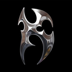 3D chrome letter K with sharp tribal geometry and futuristic aesthetic