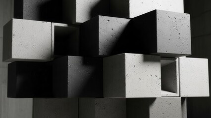 Abstract concrete cubes stacked, geometric pattern, modern architecture, rough texture, monochrome