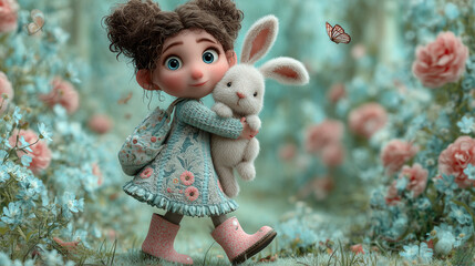 Cute animated girl holding white bunny in magical flower garden with butterflies and dreamy atmosphere