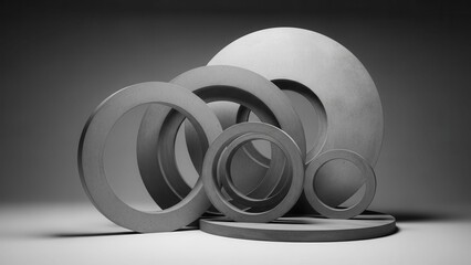 Group of Industrial Metal Rings, Various Sizes, Stacked and Arranged on Gray Background