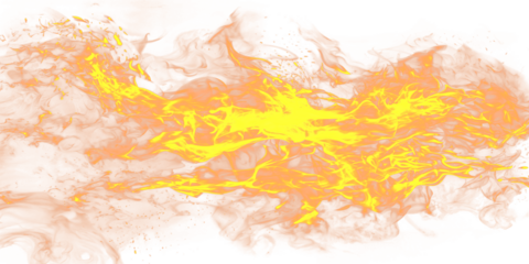 A vibrant and dramatic flame burns intensely on a black background on transparent background