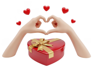Hands forming heart shape with gift box isolated on transparent background