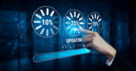 A concept of a system update and software installation. A progress bar and loading icons showing the update percentage and status. Motif