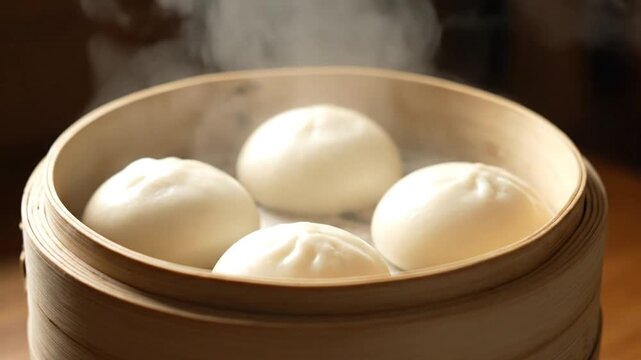 Steaming Buns in Bamboo Steamer Chinese Cuisine Dim Sum Breakfast Delicacy Culinary Artistry Asian Gastronomy Warm