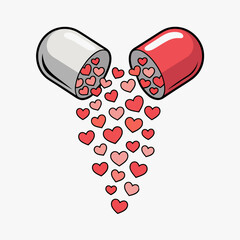 A red and white pill capsule opens to reveal a cascade of small heart shapes spilling out