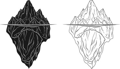 Iceberg silhouette illustration showing visible mountain above water and hidden underwater mass concept in black and white minimalist vector style © Hey There