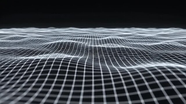 Abstract Digital Grid Surface - A dynamic digital grid spans across the frame, forming a flowing, wave-like surface.