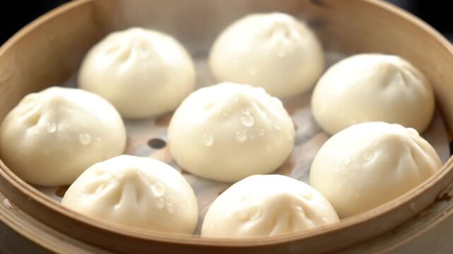 Steaming Xiao Long Bao in Bamboo Steamer Dim Sum Cuisine Freshly Cooked Buns Restaurant Style Presentation Traditional