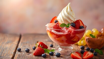 A vibrant and colorful dessert scene featuring a large bowl of fresh fruit ice with a generous scoop of creamy ice cream, placed on a rustic wooden table against a soft pastel background