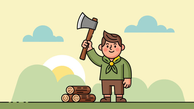 Happy Boy Scout Holding Axe with Stack of Logs on a Summer Camp