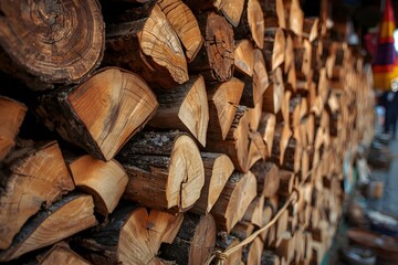 Firewood cut and piled high for sale. Pile of Firewood. Wood is used for Fires in Fireplaces and Camp Fires