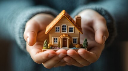 Hands gently hold a miniature house with greenery, symbolising dreams of property against a backdrop of mortgage programme banners.