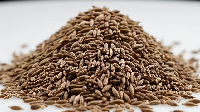 Pile of Cumin Seeds on White Surface - A close-up shot features a large mound of brown cumin seeds arranged on a clean, white surface.