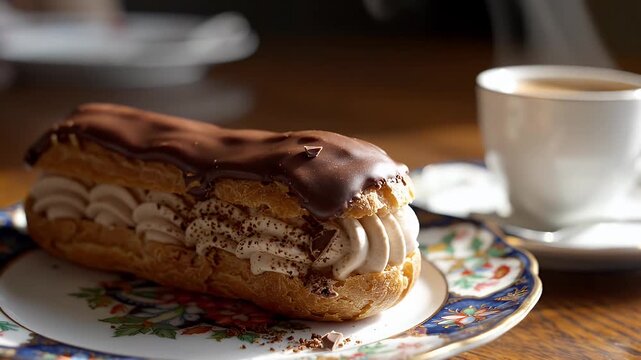 Chocolate Eclair with Coffee - A freshly baked chocolate eclair filled with cream sits on a decorative plate next to a steaming cup of coffee.