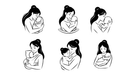 Illustrations of women holding babies isolated on white background, Vector