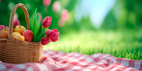 Wicker basket filled with fresh fruits and pink tulips on a red checkered picnic blanket in a sunny green park