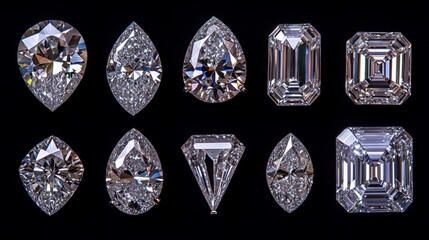 Sparkling gemstones of various cuts against a black background exude luxury and sophistication, making them ideal for jewellery advertising banners or atmospheric background 