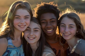 Obraz premium Four cheerful multi ethnic friends are enjoying a moment together outdoors, smiling at sunset