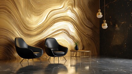 Luxurious black chairs and gold table in modern interior with gold wavy wall decoration and hanging lights with luxury and design and elegant