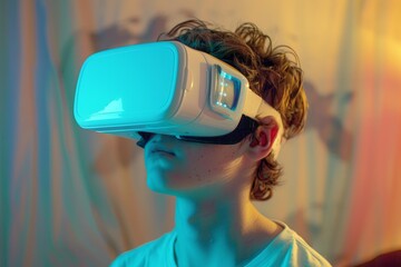 Teenage boy wearing virtual reality headset exploring metaverse, enjoying 3d experience