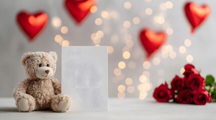 Blank card and bokeh lights, Romantic setup with teddy bear, red roses, and heart balloons. Mock up for Valentine's Day, love gifts, and celebration themes