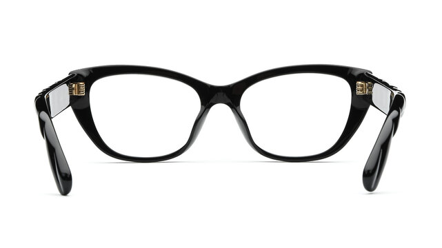 Glasses back view with Wayfarrer frame transparent lens isolated on white background. Rear view Black Eyeglasses with modern style. Fashion plastic eyewear office and business style with inside view