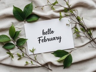 Handwritten Hello February Note With Green Leaves month