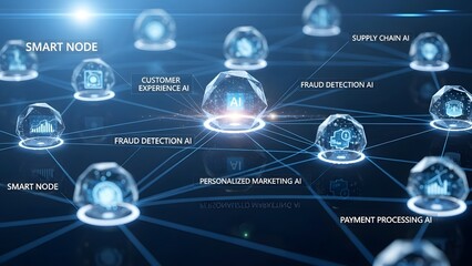 A futuristic network of AI nodes connected in a smart system for business and technology