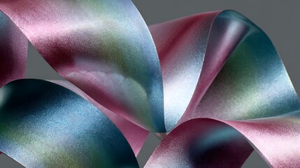 Luxurious satin ribbon with iridescent colors and elegant folds in a decorative swirl pattern with luxurious fabric and ribbon texture and luxury decoration