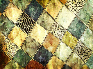 Hand drawn abstract mosaic tile pattern on vintage paper texture and doodle ornaments