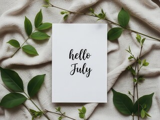 Handwritten Hello July Card With Green Leaves summer greeting