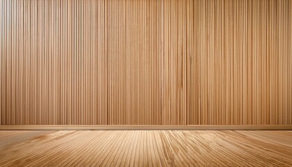 wall with wooden background texture of wood panels beige vertical slats in an empty studio room 3d corrugated decor from boards in architecture