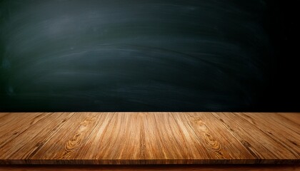 wooden tabletop in a school classroom against a blackboard background empty countertop for product presentation mockup for design with desk