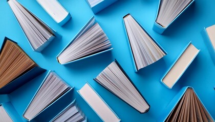 creative pattern made of pastel blue books on bright blue background education knowledge or nature concept flat lay