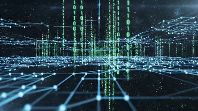 Futuristic Data Stream - This video features a network of interconnected nodes and lines resembling a data stream, overlaid with columns of binary code.